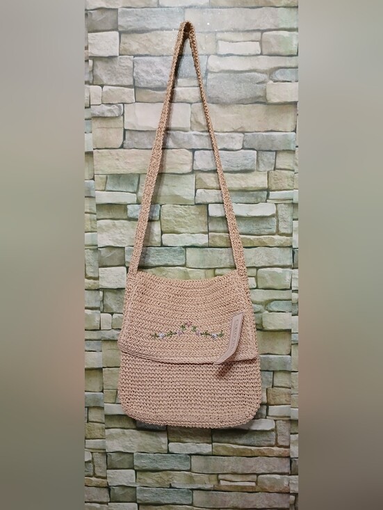 Carlo D'Santi Handbags - New Beige Crochet Shoulder Bag with Floral Embroidery